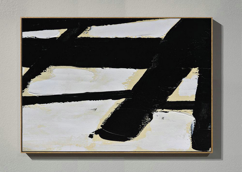 Living Room Wall Art,Horizontal Palette Knife Minimal Canvas Art Painting Black White Beige - Big Canvas Painting